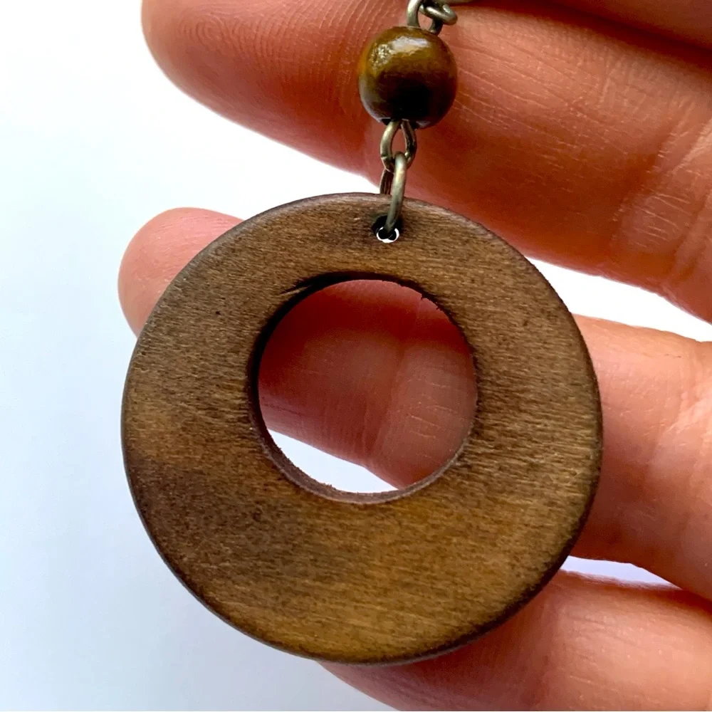 Brown Wood Earrings with Heart and Circle Designs